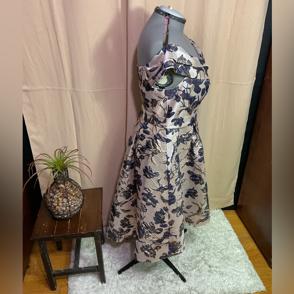 Oleg Cassini Metallic Brocade Off The Shoulder High Low Dress - Picture 8 of 15